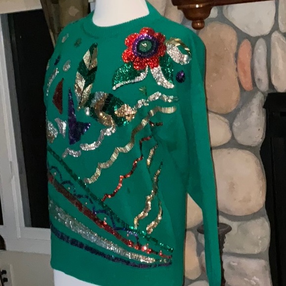 Western Collection Ramie & Cotton Sequined Crew Neck Sweater Medium - Picture 8 of 15